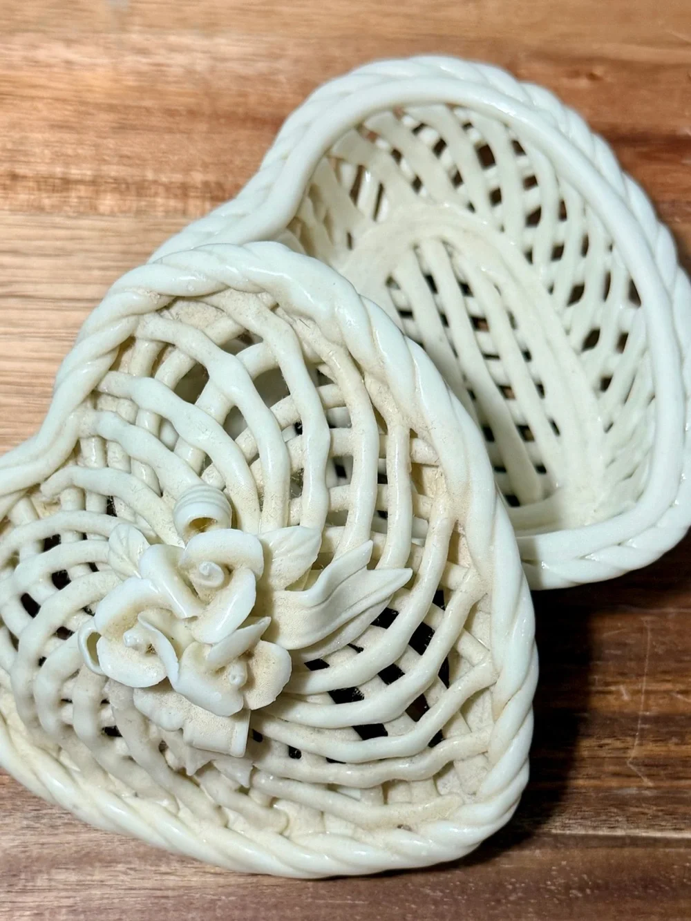 Vintage Ivory Lattice Heart shaped Ceramic Trinket Basket